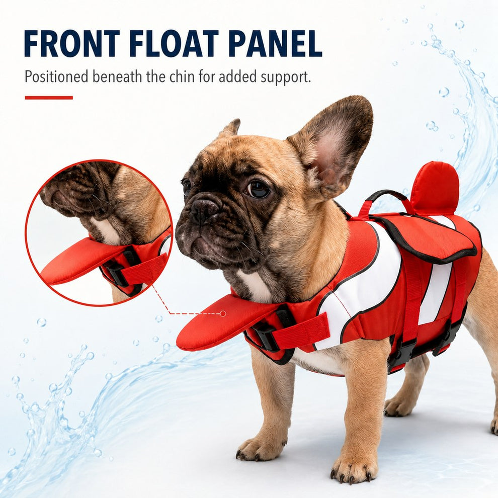 Adjustable red dog life jacket with quick-release buckles