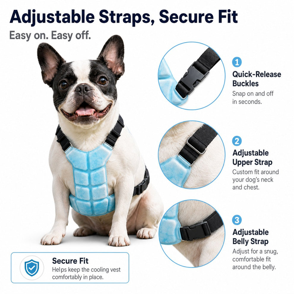 Pet cooling vest with quick release buckles and adjustable upper and belly straps.