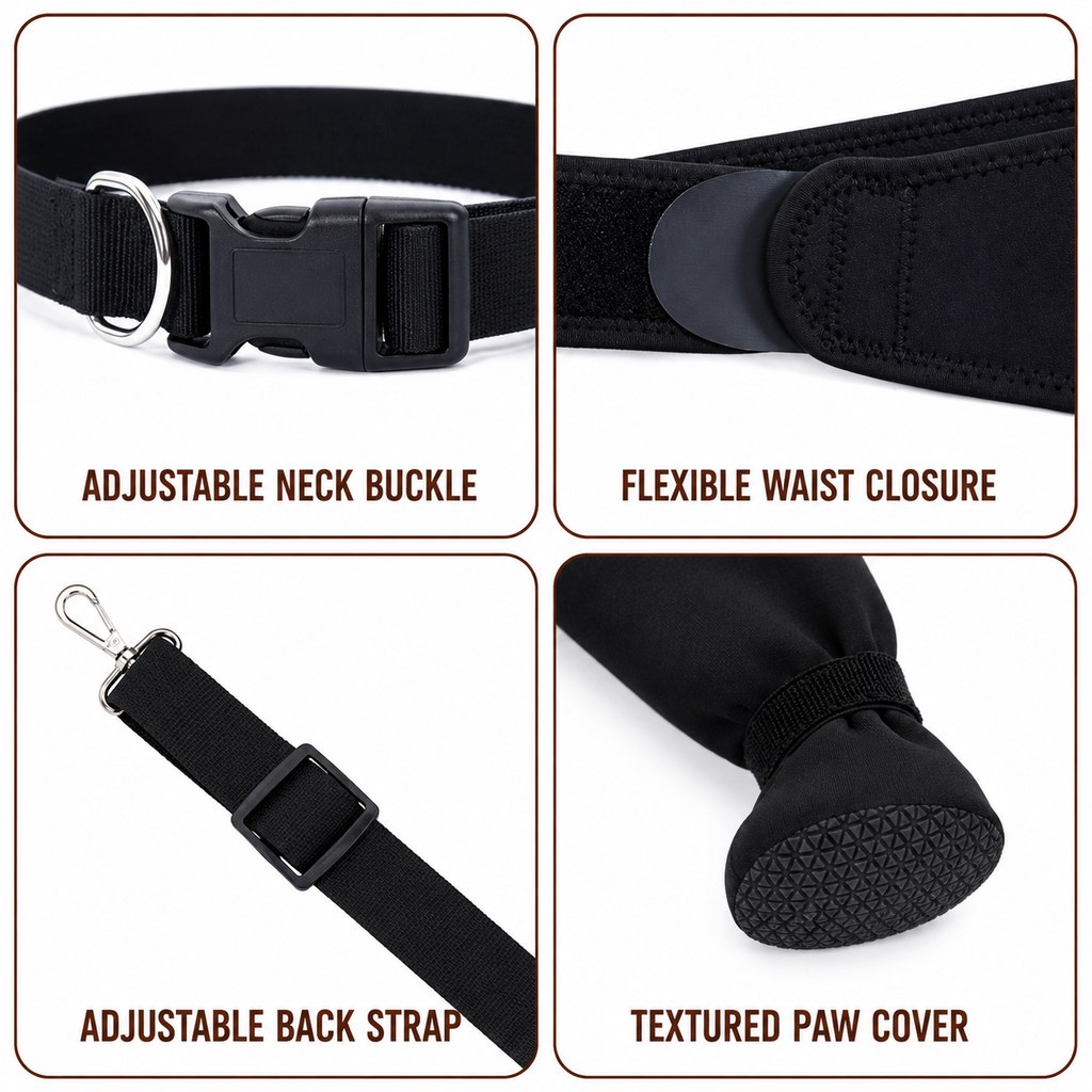 Adjustable straps and textured paw cover details