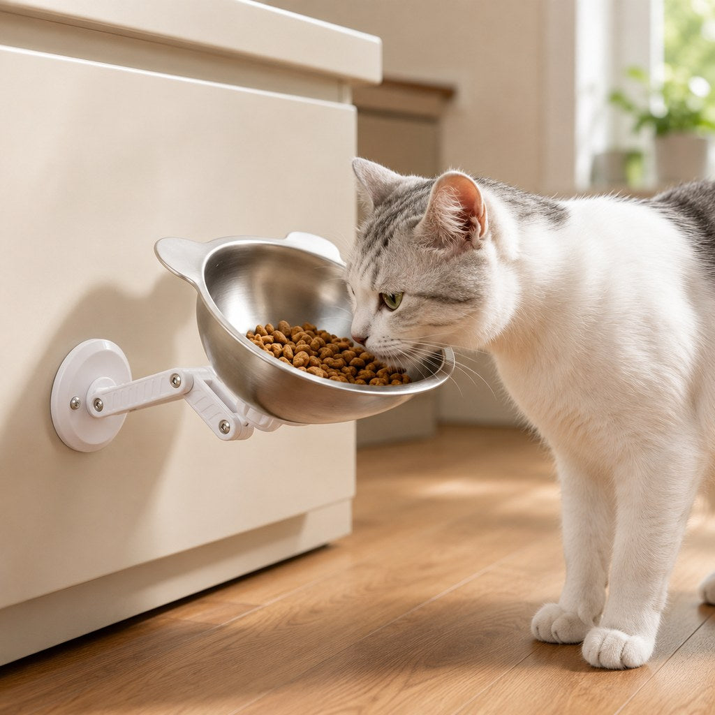 Paws in Awe Adjustable Wall-Mounted Pet Bowl for Cats & Small Dogs - Space-Saving Magnetic Stainless Steel Bowl image 1