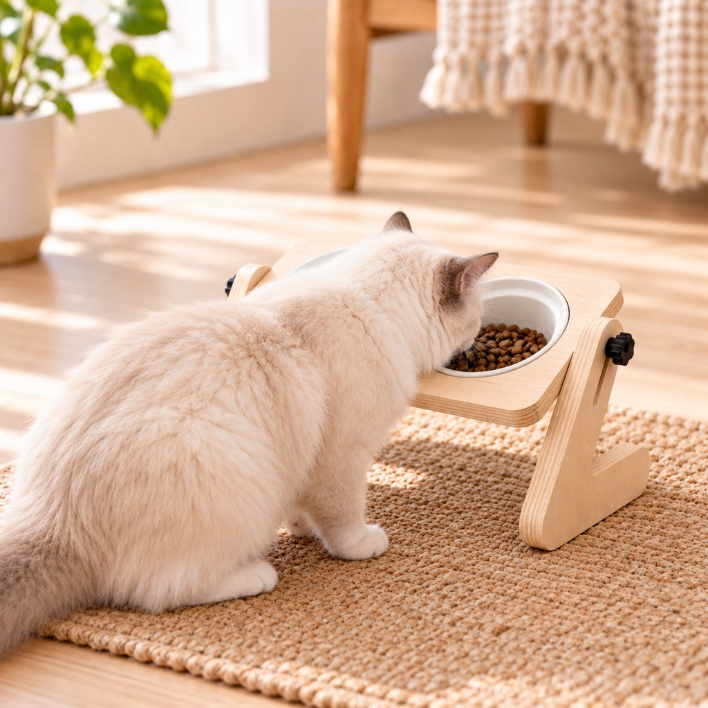 Adjustable natural wood elevated pet feeder with two ceramic bowls