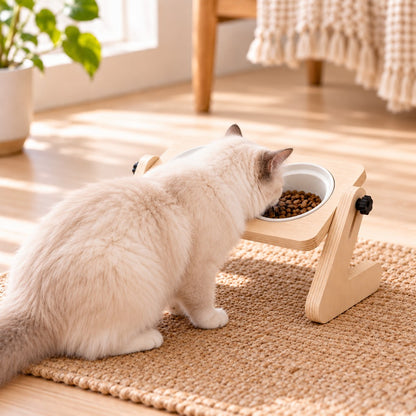 Adjustable natural wood elevated pet feeder with two ceramic bowls