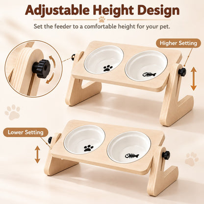 Higher and lower settings on an adjustable wooden elevated pet feeder