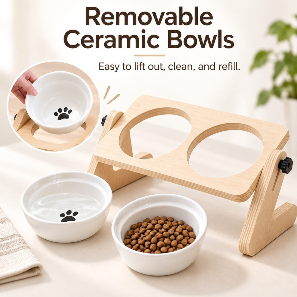 Removable ceramic food and water bowls in a wooden pet feeder