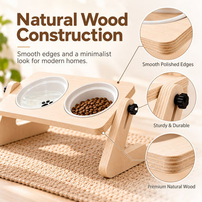Natural wood construction and polished edges on an elevated pet feeder