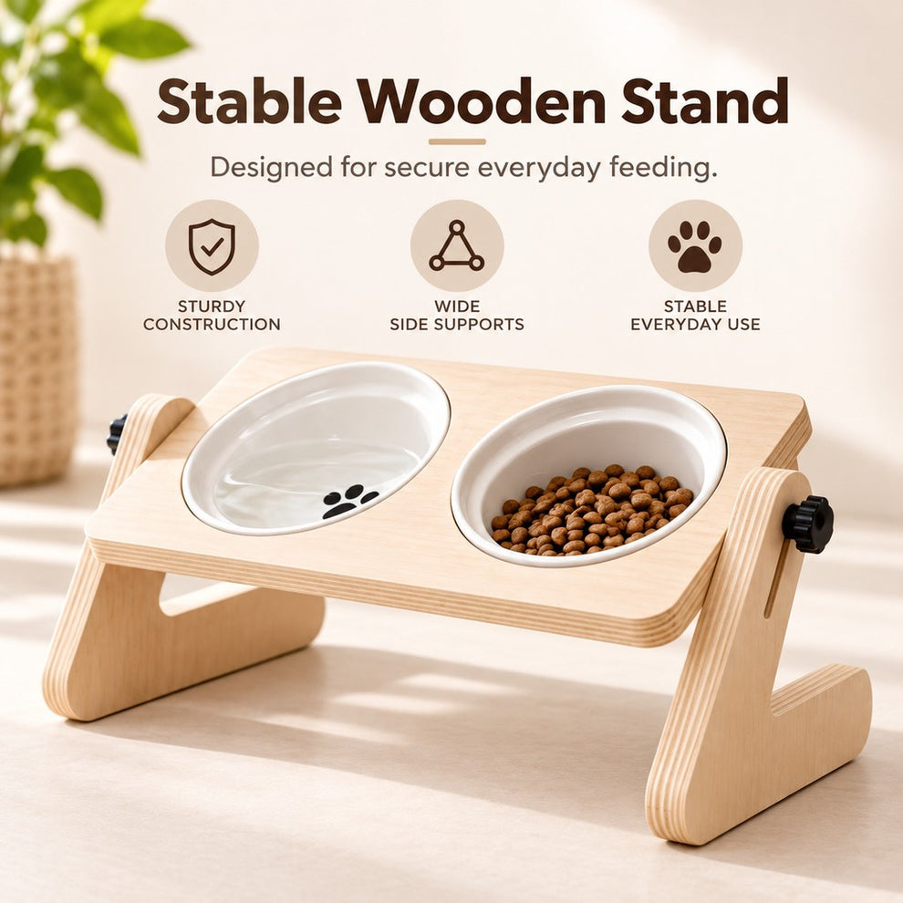 Stable wooden raised bowl stand with two ceramic bowls
