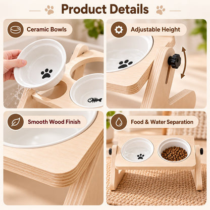 Ceramic bowls adjustable height and smooth finish details on pet feeder