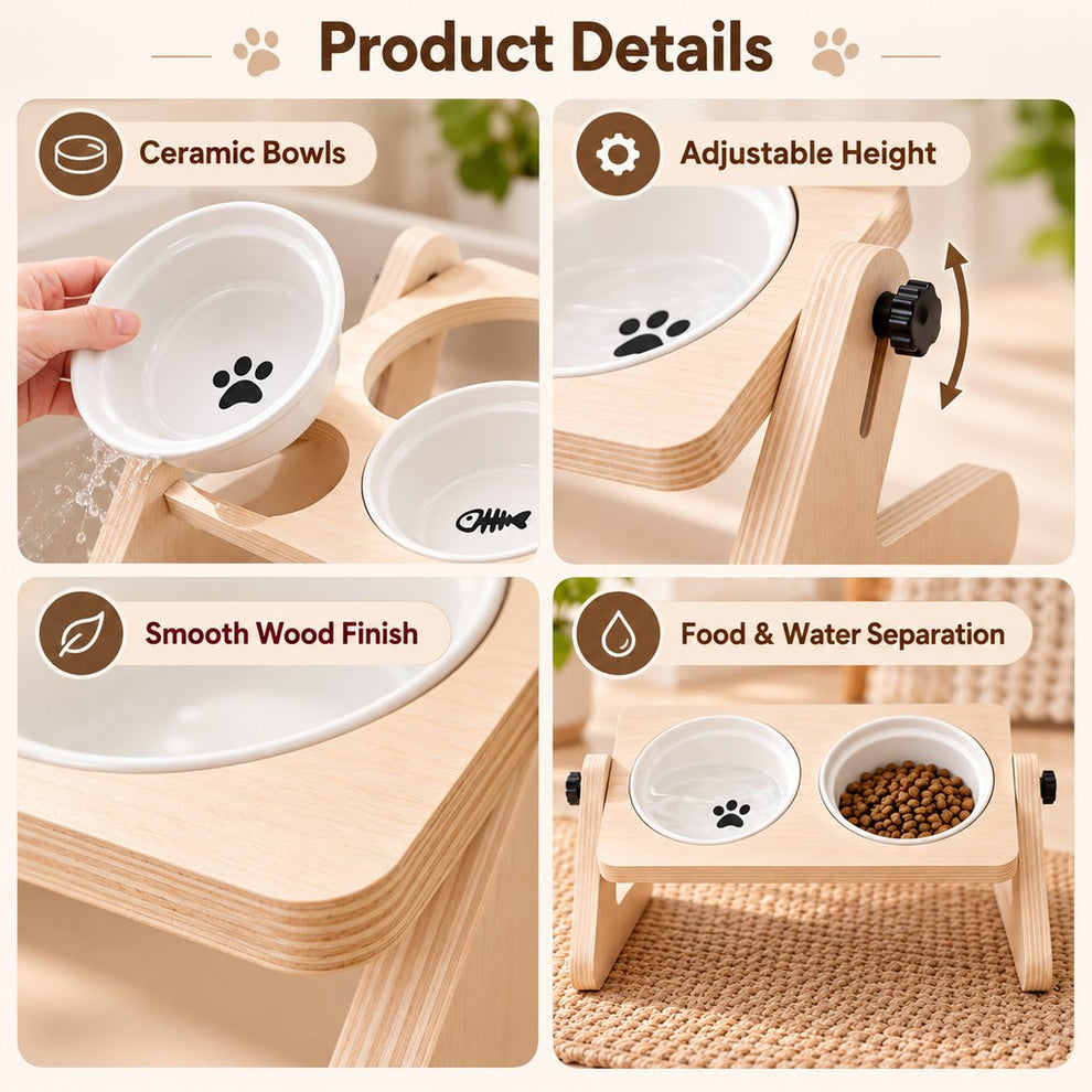 Ceramic bowls adjustable height and smooth finish details on pet feeder