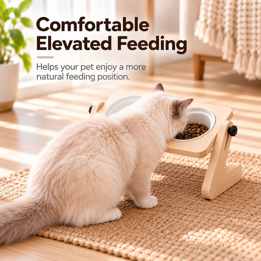 Cat eating from a comfortable elevated wooden feeding station