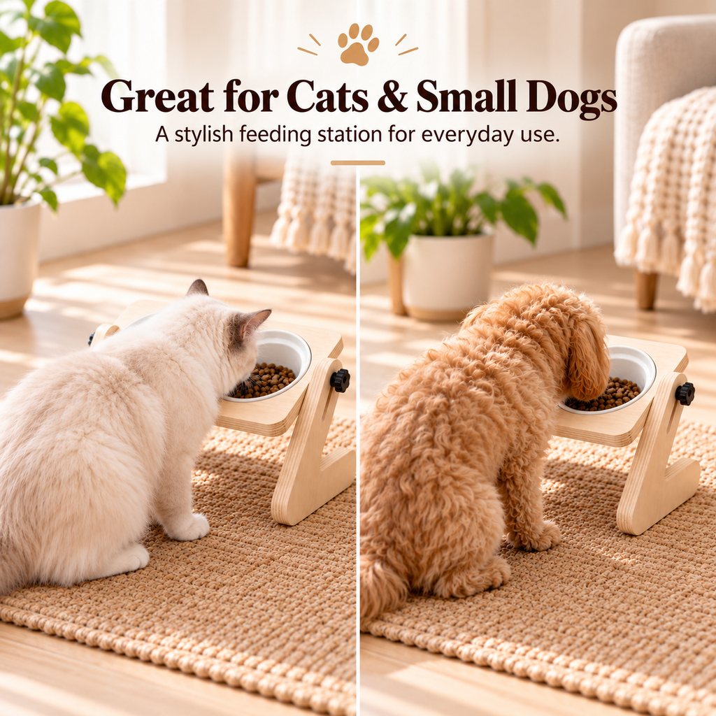 Elevated wooden pet feeder for cats and small dogs
