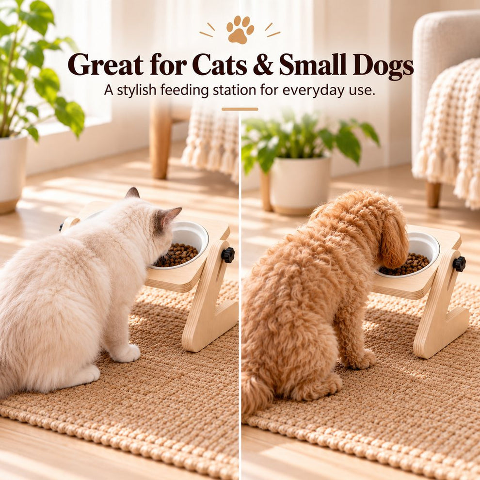 Elevated wooden pet feeder for cats and small dogs