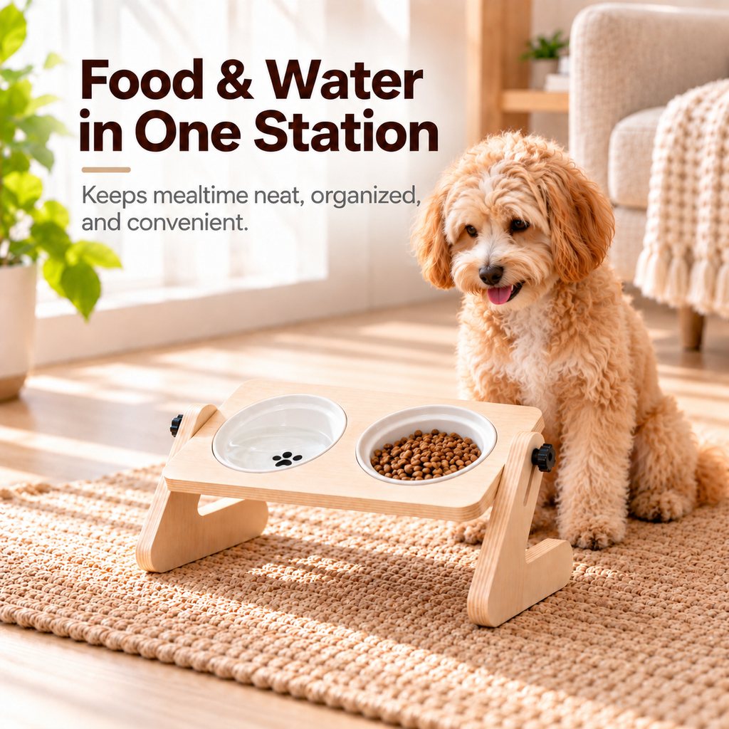 Food and water in one wooden elevated pet feeding station