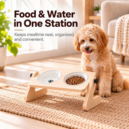 Food and water in one wooden elevated pet feeding station