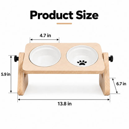 Dimensions of adjustable wooden elevated pet feeder with ceramic bowls