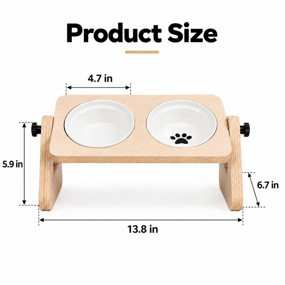 Dimensions of adjustable wooden elevated pet feeder with ceramic bowls