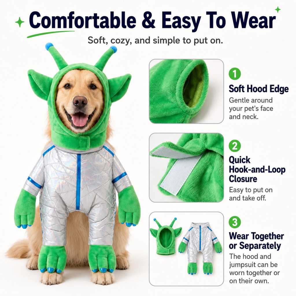 Paws in Awe Green Alien Pet Costume for Dogs & Cats - Funny Halloween Transformation Outfit for Pet Parties, Photoshoots & Costume Events