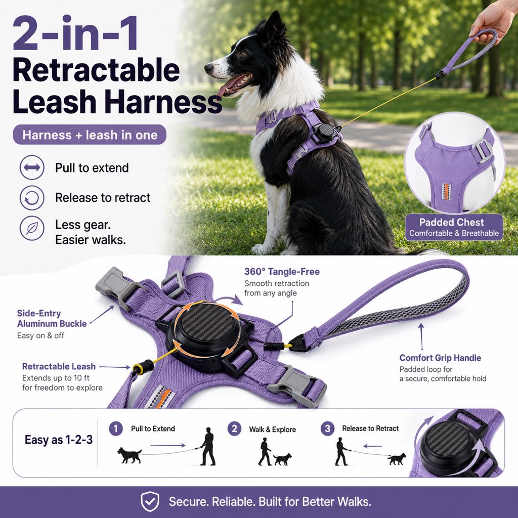 Paws in Awe 2-in-1 Retractable Dog Harness for Daily Walks - Built-In Leash Vest with Auto-Stop Control for Small & Medium Dogs image 3