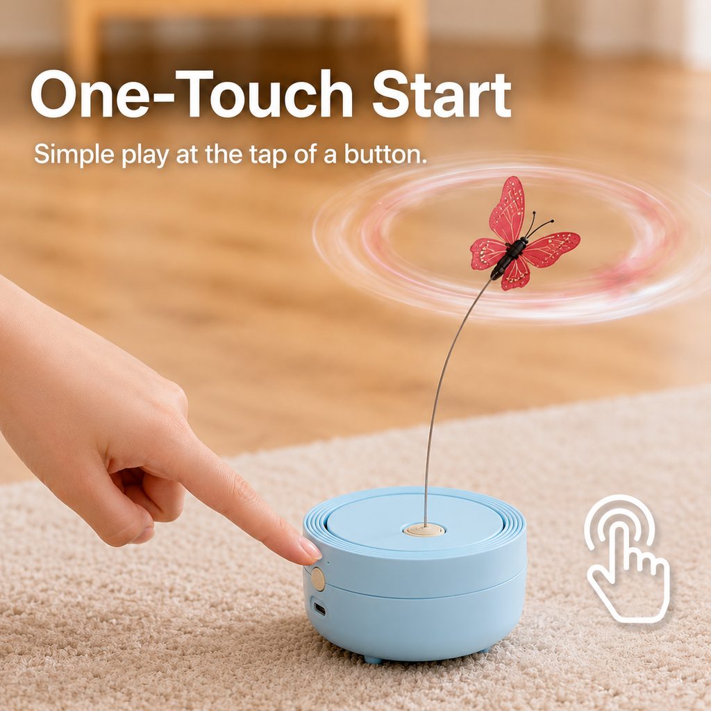 Automatic butterfly cat toy with one-touch start button