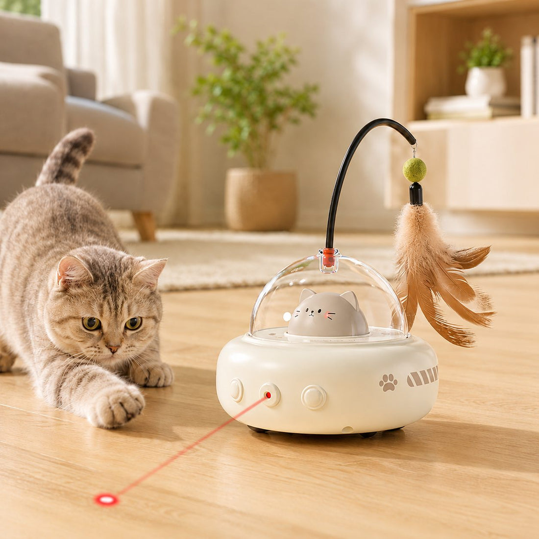 Cream automatic UFO cat toy color option for bored indoor cats