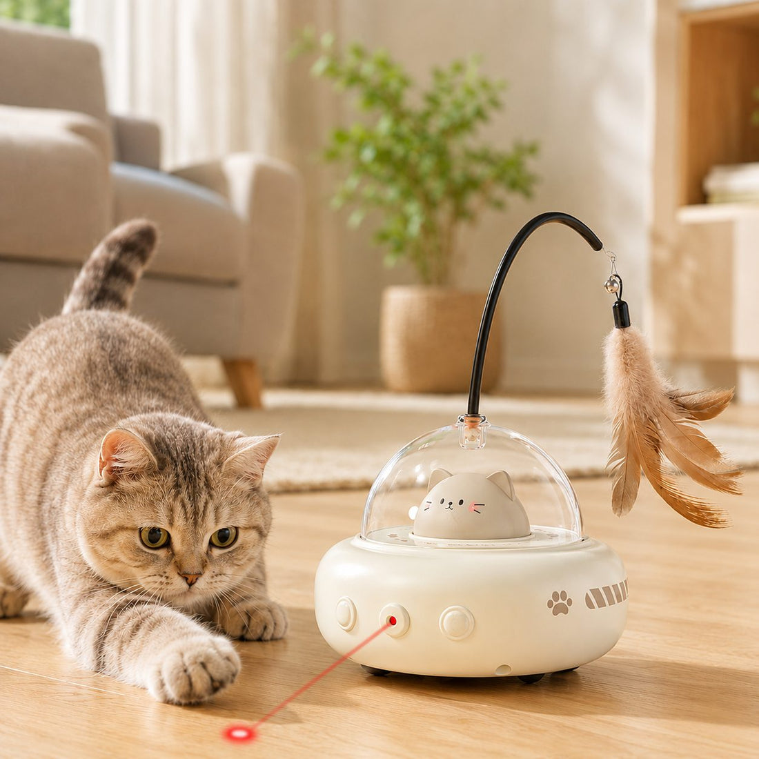 Cream automatic UFO cat toy with red dot laser and feather teaser for indoor cats