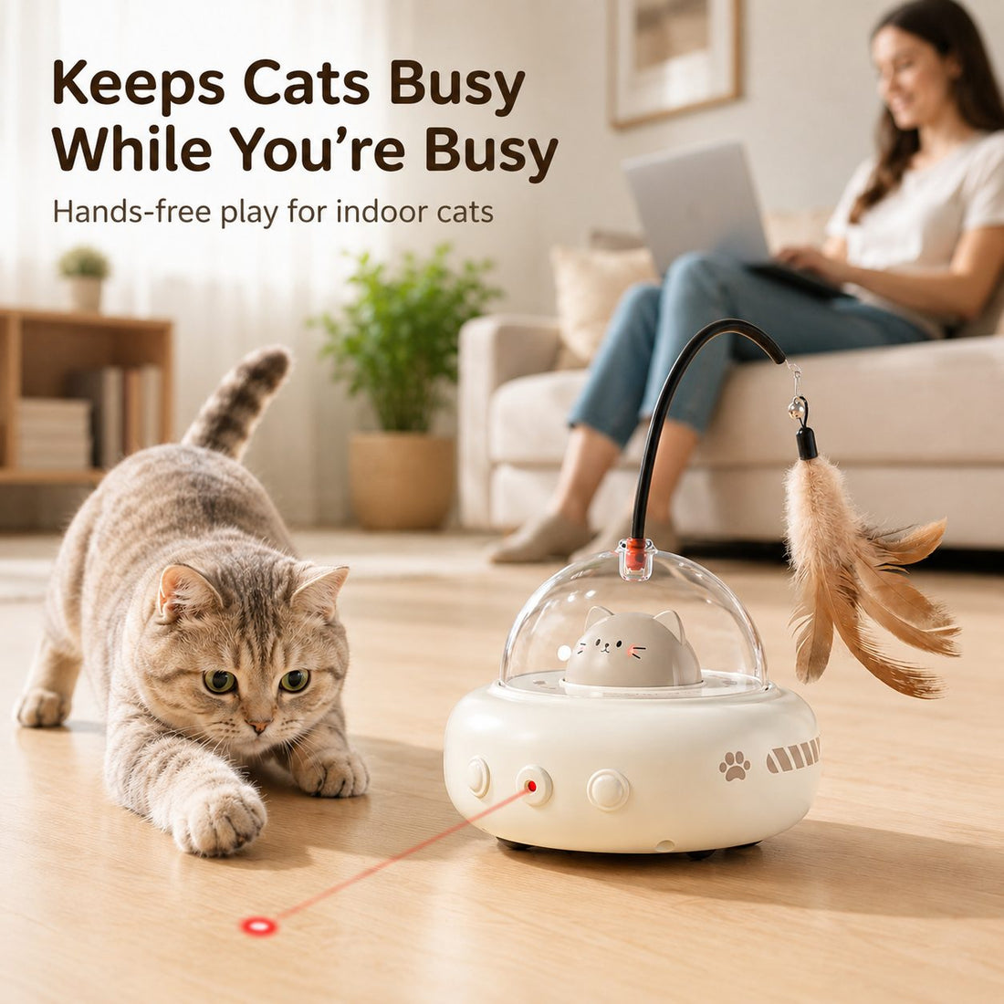 Automatic UFO cat toy helps keep indoor cats busy while owners are working