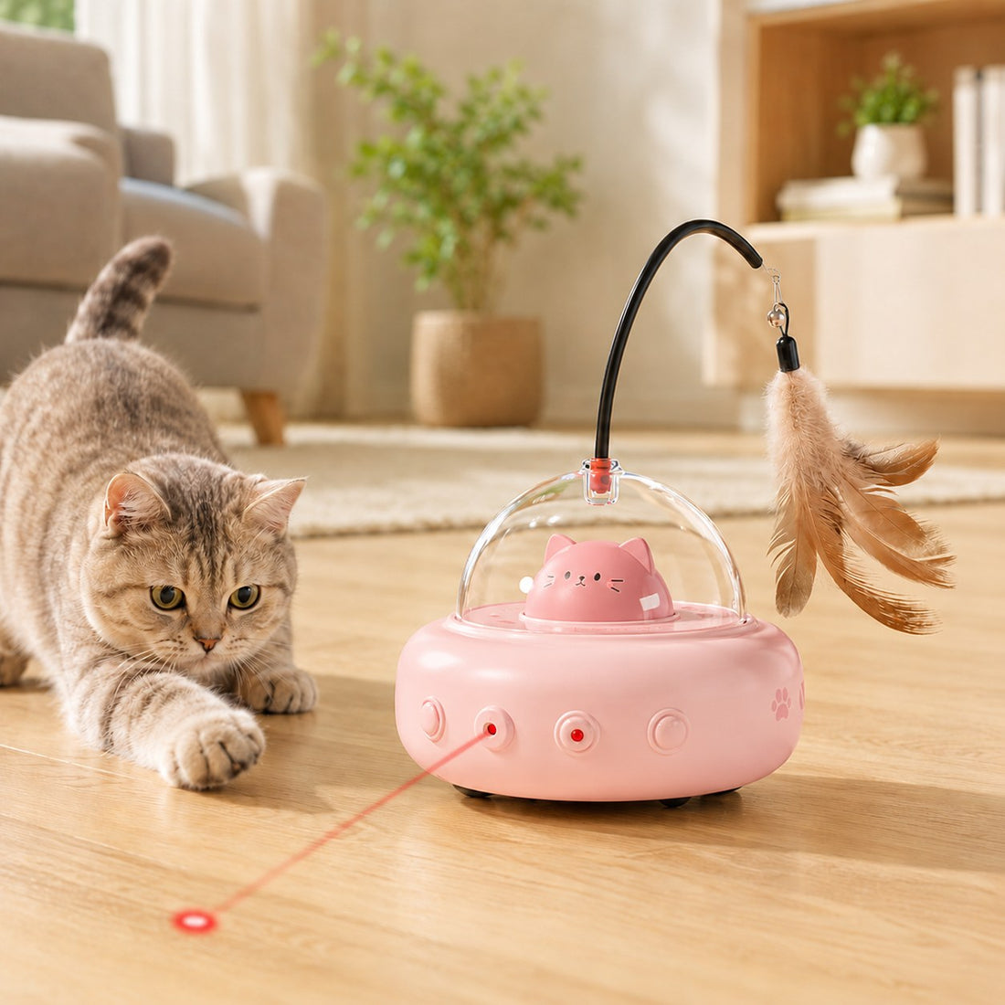 Pink automatic UFO cat toy color option with feather teaser