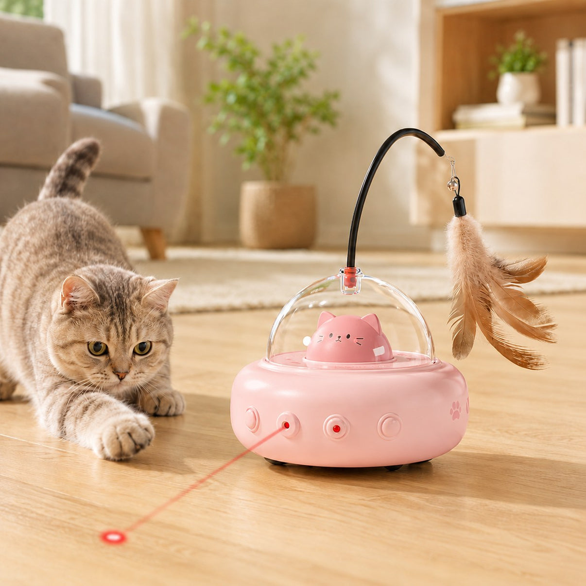 Pink automatic UFO cat toy color option with feather teaser
