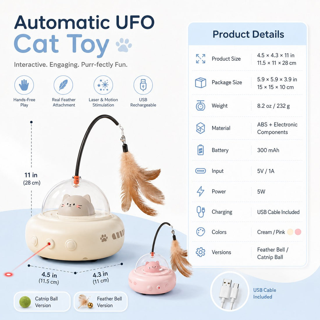 Automatic UFO cat toy product details size battery material and package contents
