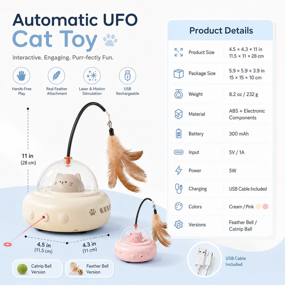Automatic UFO cat toy product details size battery material and package contents