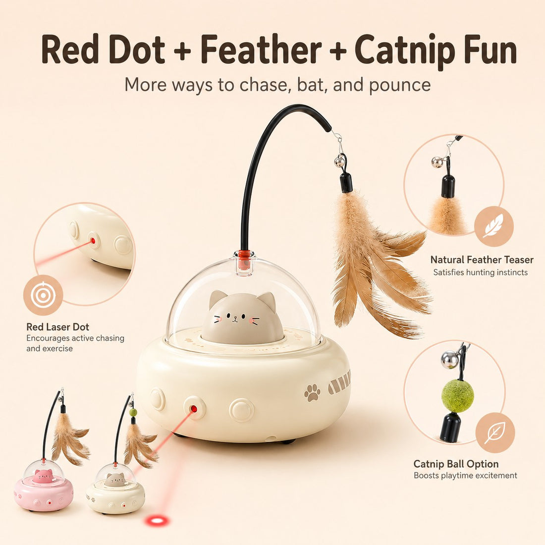 UFO cat toy with red dot laser feather teaser and catnip ball option