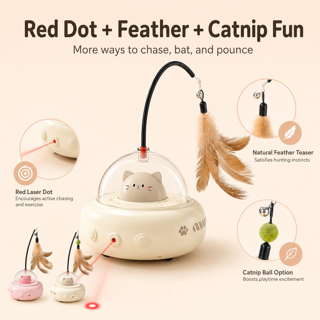 UFO cat toy with red dot laser feather teaser and catnip ball option