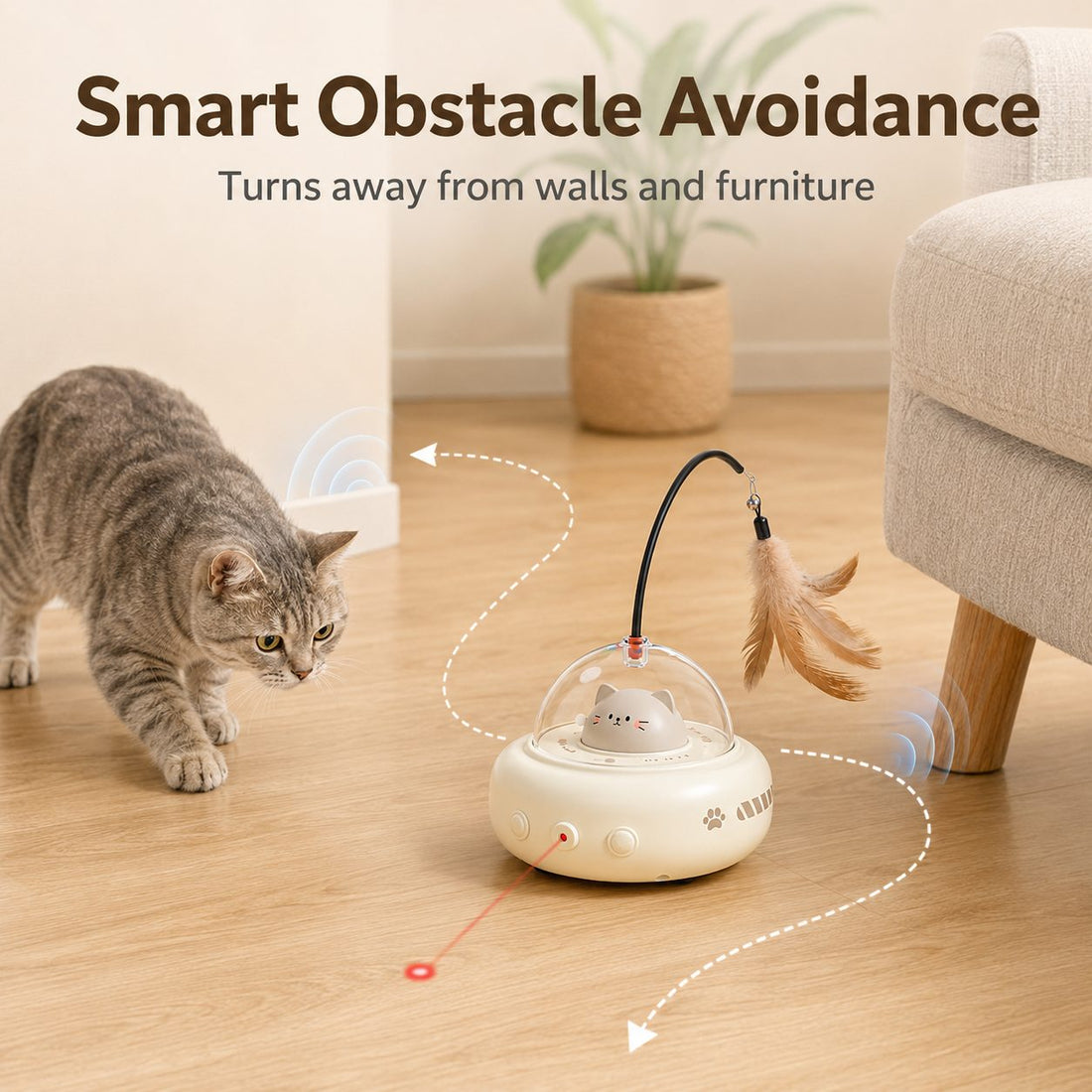 Smart obstacle avoidance automatic cat toy turns away from walls and furniture