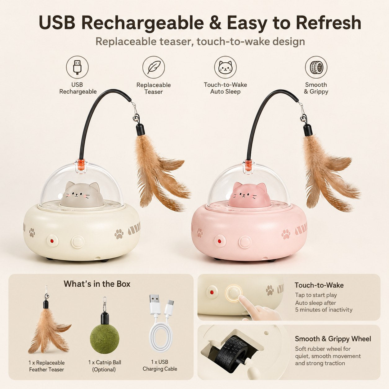 USB rechargeable UFO cat toy with replaceable teaser and touch wake design