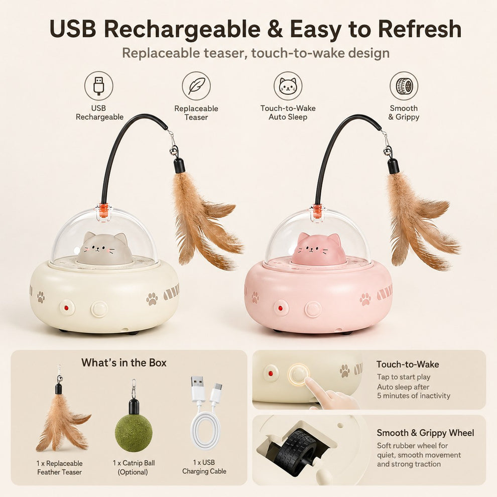 USB rechargeable UFO cat toy with replaceable teaser and touch wake design