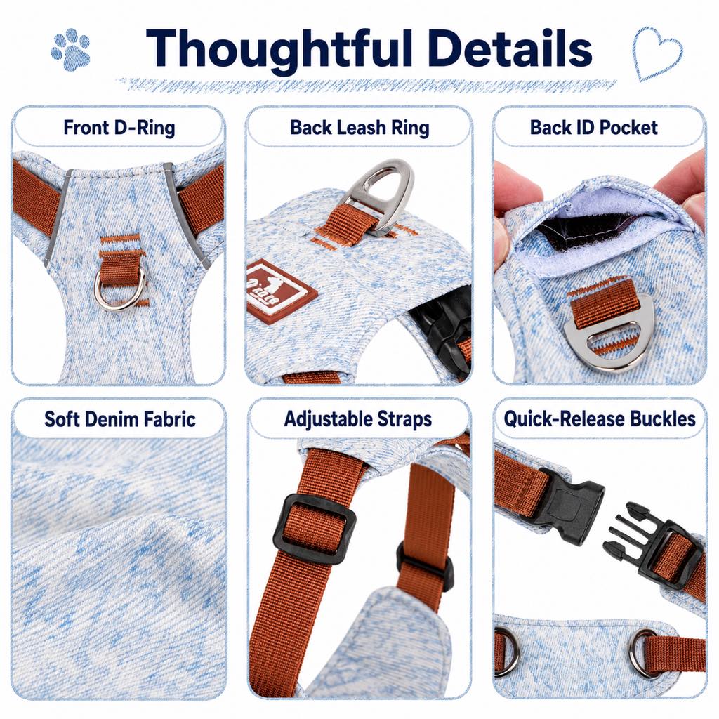 Paws in Awe Vintage Denim No-Pull Dog Harness &5 ft Rope Leash Set - Soft Adjustable Vest for Everyday Walks, Better Control & Low-Light Visibility image 6
