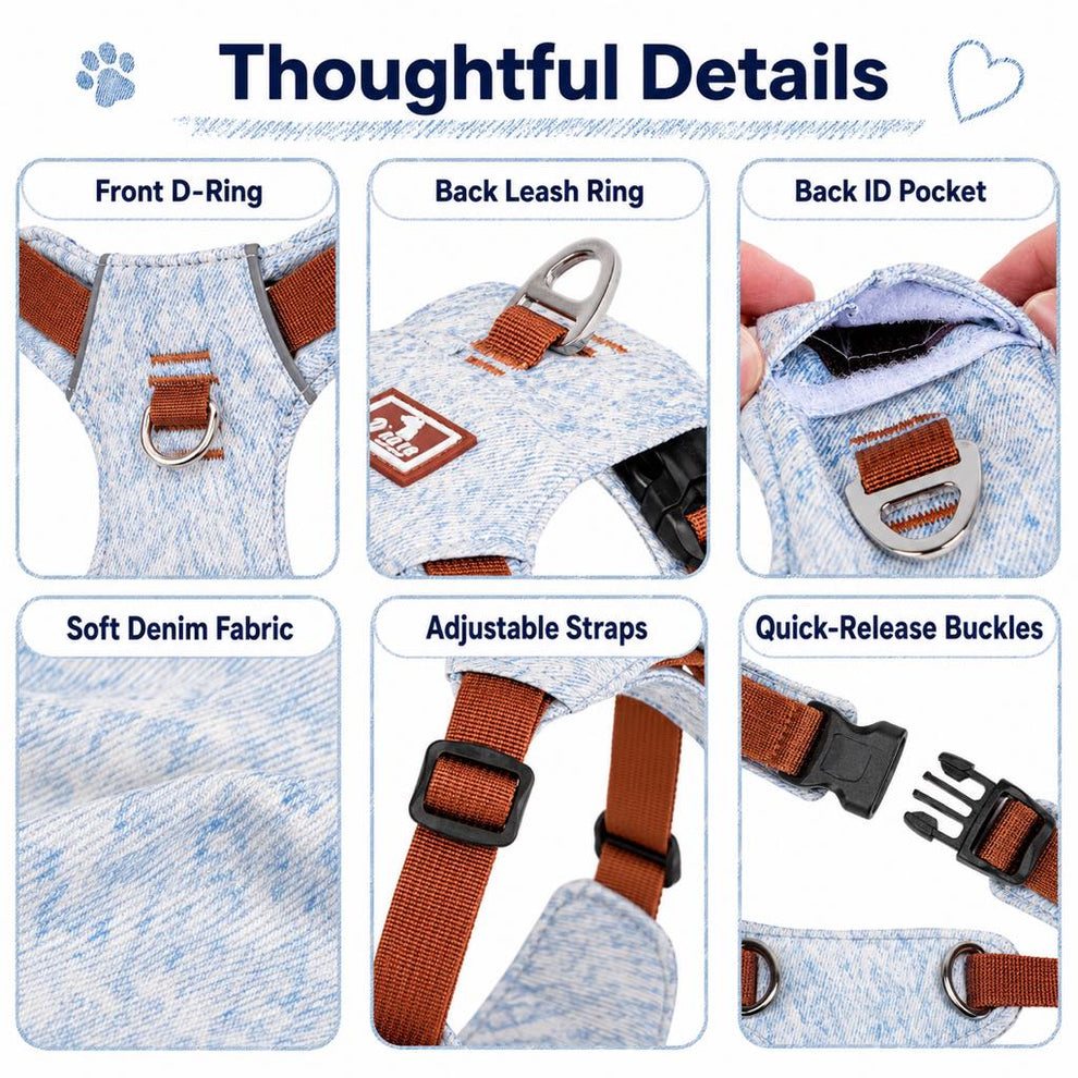 Paws in Awe Vintage Denim No-Pull Dog Harness &5 ft Rope Leash Set - Soft Adjustable Vest for Everyday Walks, Better Control & Low-Light Visibility image 6