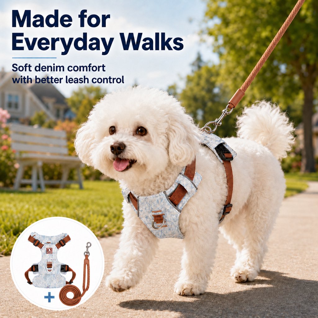 Paws in Awe Vintage Denim No-Pull Dog Harness &5 ft Rope Leash Set - Soft Adjustable Vest for Everyday Walks, Better Control & Low-Light Visibility image 7