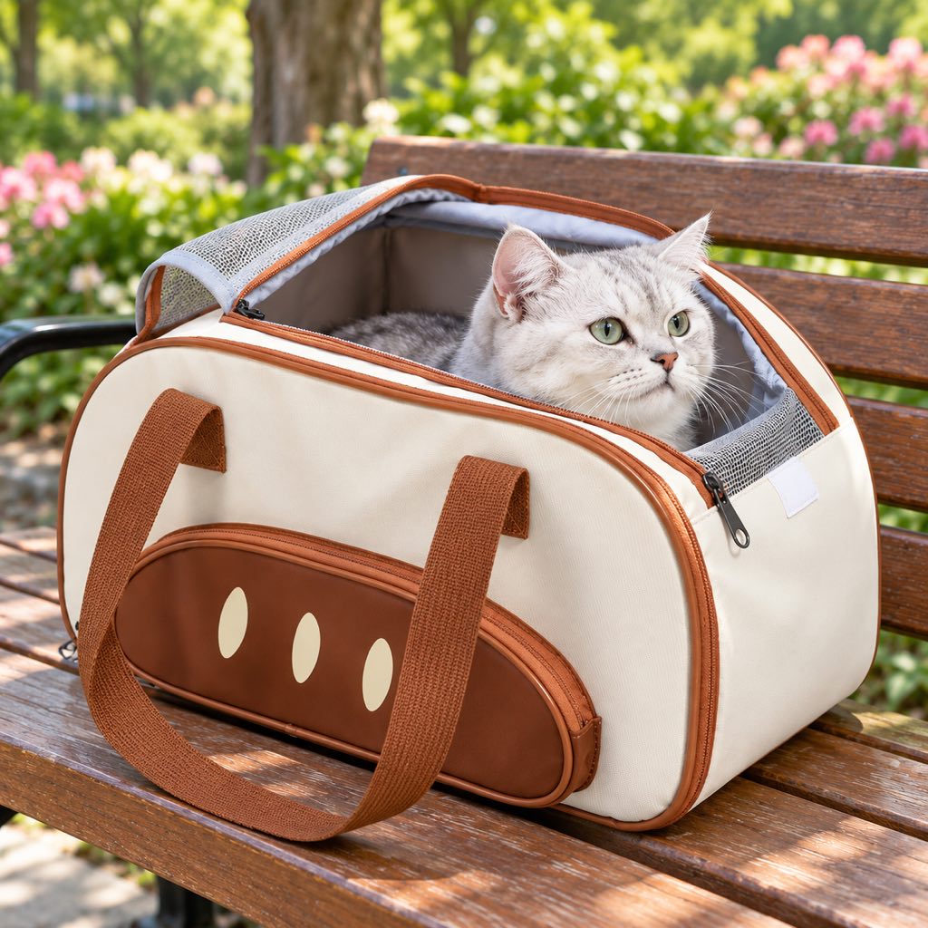 Baguette Style rounded cat carrier tote with three cream oval pocket accents