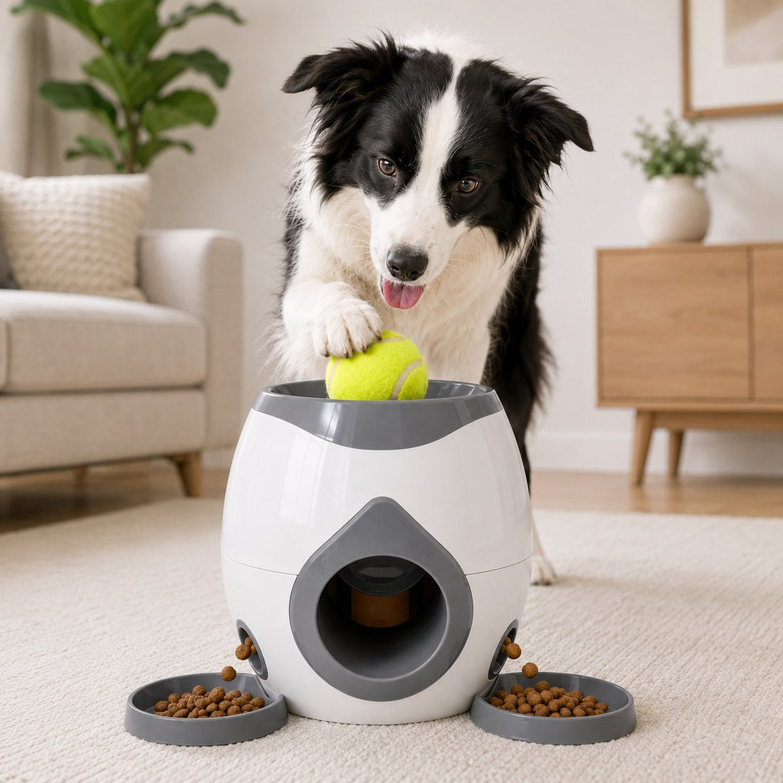 Dark gray ball-activated dog puzzle feeder with tennis balls and side trays.