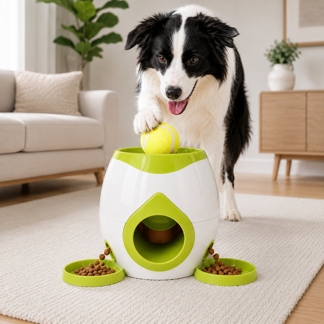 Green ball-activated dog puzzle feeder for indoor play and slow eating.