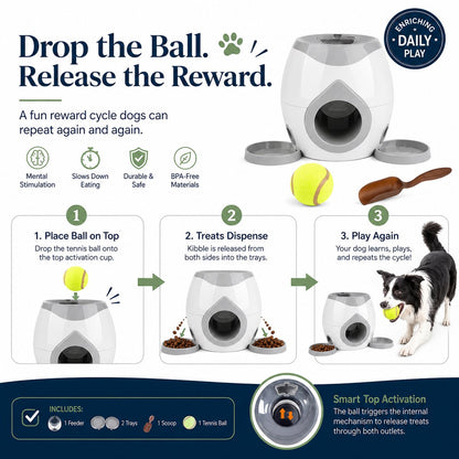 Dog puzzle feeder reward cycle: drop the ball and release kibble into side trays.