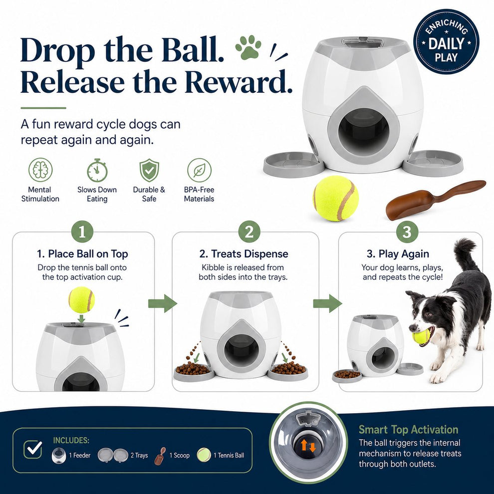 Dog puzzle feeder reward cycle: drop the ball and release kibble into side trays.