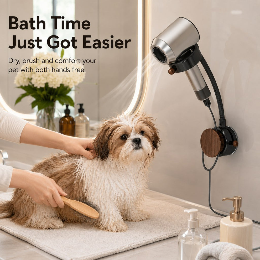 Hands-free pet dryer holder makes bath time easier