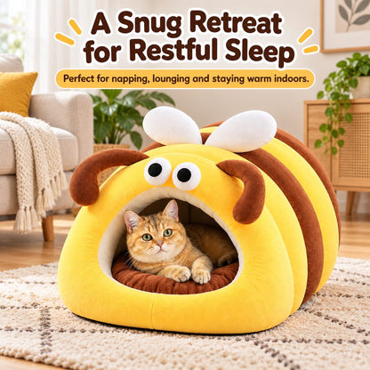 Cat relaxing in a cozy bee-shaped indoor pet bed