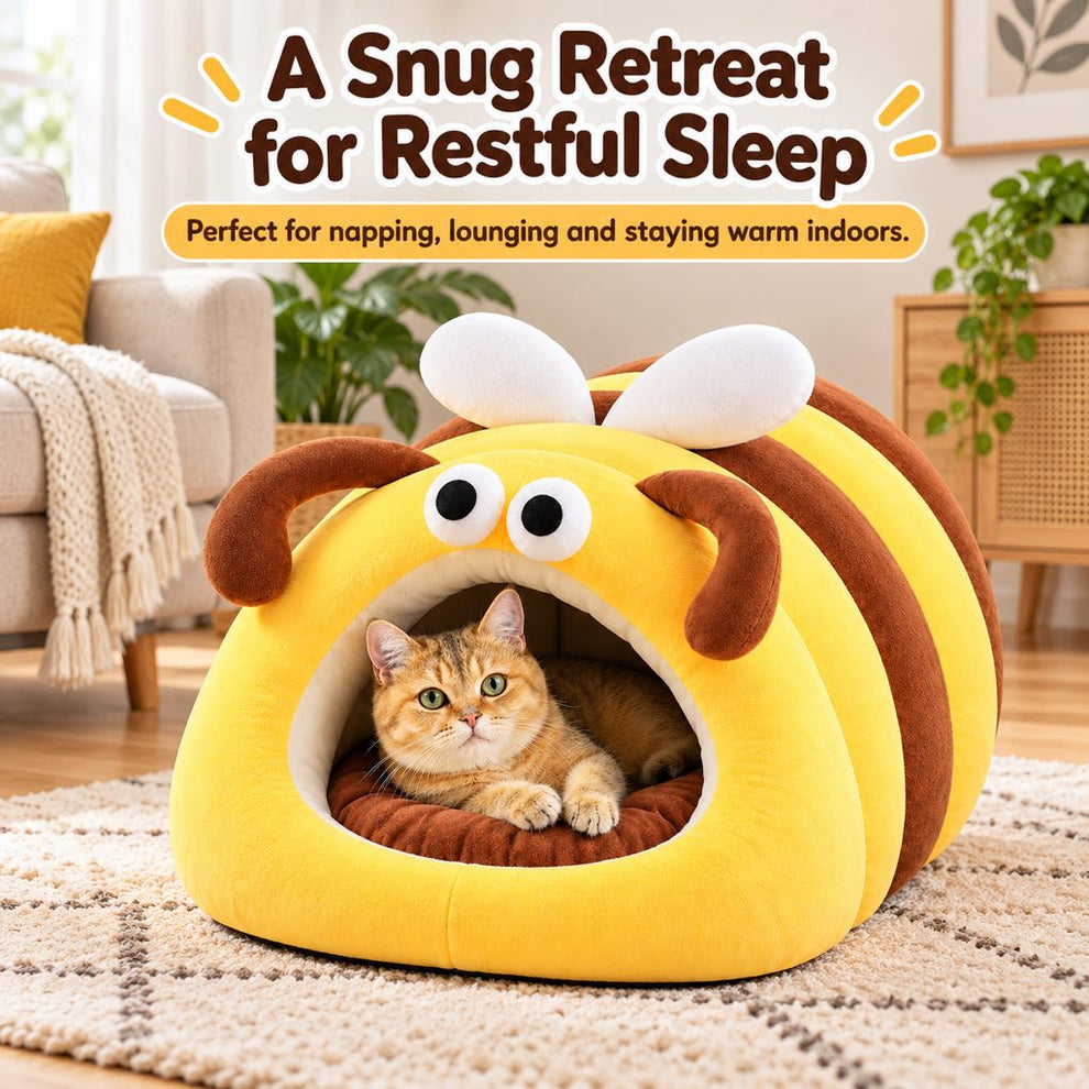 Cat relaxing in a cozy bee-shaped indoor pet bed