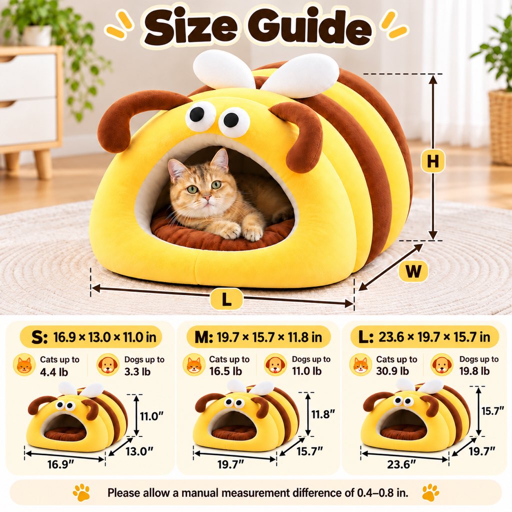Bee cave cat bed size guide with corrected S, M and L dimensions
