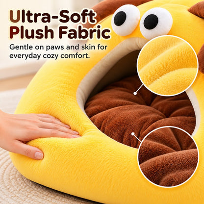Close-up of the soft plush fabric on a bee-shaped cat bed