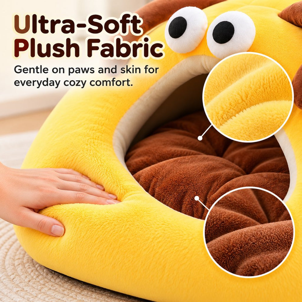 Close-up of the soft plush fabric on a bee-shaped cat bed