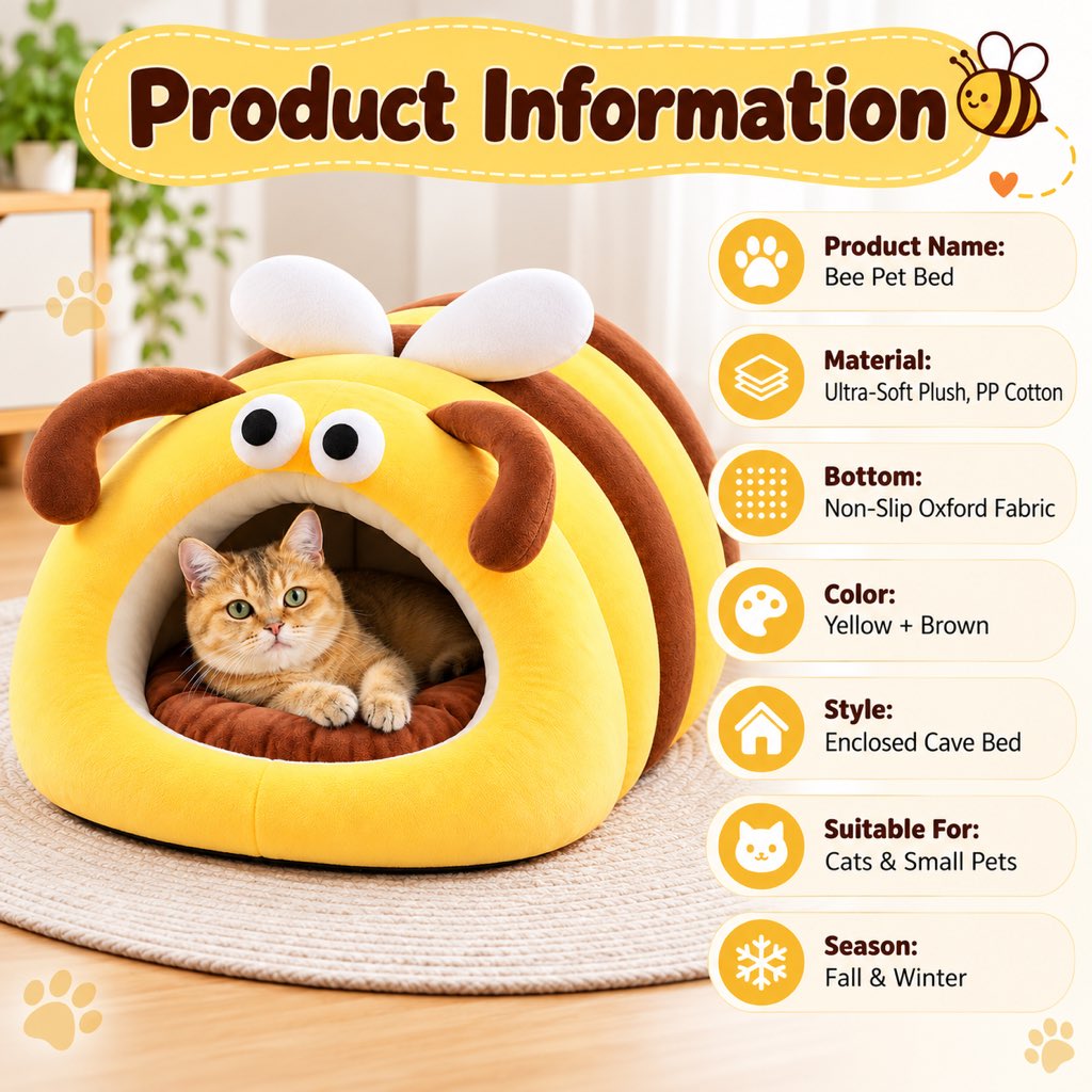 Yellow and brown bee pet bed with product specifications