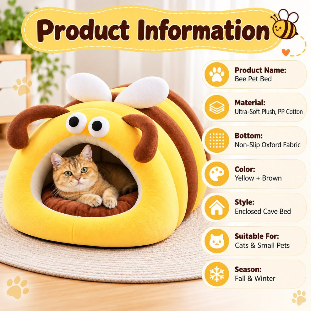Yellow and brown bee pet bed with product specifications